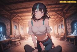 1boy 1girl ai_generated bare_shoulders belt belt_buckle black_choker black_hair blush bracelet breasts buckle bulge chair choker closed_mouth collar collarbone crop_top crystal denim erection futanari hetero hoshi_kirara indoors jeans jewelry jujutsu_kaisen kirara_hoshi looking_at_viewer medium_breasts medium_hair midriff mole multicolored_hair navel nivora off-shoulder_shirt off_shoulder open_fly pants penis penis_out pov pov_crotch purple_eyes sex_toy shirt short_sleeves solo_focus spiked_bracelet spikes stomach streaked_hair studded_bracelet table two-tone_hair uncensored white_shirt wooden_floor