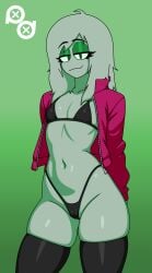 1boy artist_logo black_bikini black_stockings cuntboy femboy green_fur hands_behind_back puffle puffledreemurr red_jacket
