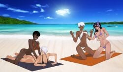 4girls angel_(kof) anoneysnufftan applying_sunscreen beach beach_towel bikini black_hair blue_eyes breast_grab brown_eyes dark-skinned_female dark_skin dc_comics dcau elena_(street_fighter) embarrassed female female_only hair_over_one_eye hands_up helena_bertinelli humiliation huntress_(dc) imminent_death justice_league killer_lotion king_of_fighters mari_mccabe mask massage murder on_stomach peril photo_background punishment rubbing sand short_hair sitting sky snk snuff street_fighter summer sunbathing swimsuit towel vixen_(dc) water white_hair