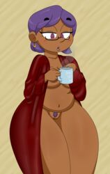 big_breasts breasts chilled-jello chubby coffee covered_nipples cup curvy dark-skinned_female dark_skin earrings female female_only glasses gown hips holding lipstick mature milf mother plump pubic_hair purple_eyes purple_hair pussy short_hair silk solo thick_thighs thighs