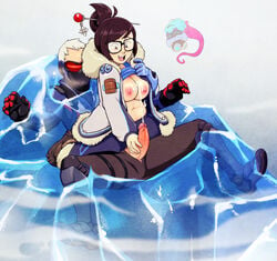 1boy breasts cum cum_on_breasts ejaculation female femdom frozen fur_coat girl_on_top glasses grey_hair handjob highres ice large_breasts male malesub mask mei_(overwatch) my_pet_tentacle_monster nipples overwatch penis plump rape reverse_rape shirt_lift snowball_(overwatch) soldier_76 straddling straight stuck_in_ice