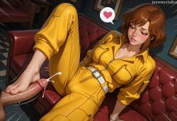 1boy 1girl ai_generated april_o'neil arm_support barefoot belt blush breasts brown_eyes brown_hair cleavage clothing couch cum cum_on_feet ejaculation emphasis_lines erection feet female foot_out_of_frame footjob hetero indoors jousneystudio jumpsuit knee_up large_breasts lips looking_at_penis male medium_breasts medium_hair on_couch pants penis projectile_cum semen short_hair sitting sleeves_rolled_up soles solo_focus spoken_heart teenage_mutant_ninja_turtles testicles tmnt tmnt_1987 toenails toes twitching_penis two-footed_footjob veins watch white_belt wristwatch yellow_pants zipper