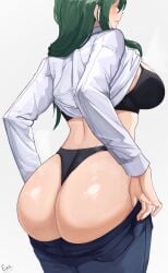 akihitoevon ass ass_focus back_view big_ass big_breasts black_bra black_panties blush bra breasts crusch_karsten green_hair highleg_panties long_hair long_sleeves panties parted_lips re:zero_kara_hajimeru_isekai_seikatsu shiny_skin shirt shirt_lift shorts_down toned_female underwear undressing