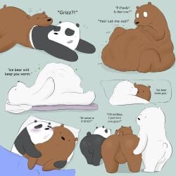 all_fours anthro anus ass balls bear bed blush brown_bear brown_body cartoon_network cuddling da~blueguy dialogue digestion furniture genitals giant_panda grizzly_(we_bare_bears) grizzly_bear group hi_res ice_bear_(we_bare_bears) implied_transformation lying male male_only male_pred male_presenting mammal panda_(we_bare_bears) polar_bear pseudo_incest_(lore) rear_view short_tail sleeping standing struggling struggling_prey tail text trio ursine vore we_bare_bears white_body