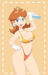 1girls bikini bottle bra female light_skin mario_(series) orange_hair orange_pants panties pose princess_daisy