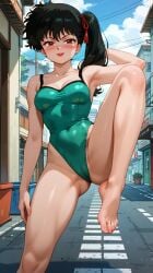 ai_generated asian asian_female athletic_female bare_thighs barefoot black_hair brown_eyes gym_clothes huge_breasts huge_thighs kodachi_kuno light-skinned_female light_skin looking_at_viewer momohachi_r ranma_1/2 side_ponytail smiling solo_female squatting sweat sweatdrop thick_thighs thighhighs thighs voluptuous voluptuous_female