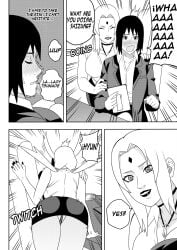 2girls age_difference ass big_ass big_breasts boss_and_employee breasts caught_off_guard comic dialogue english_text female female_only formal formal_clothes g-string grabbing_from_behind huge_ass huge_breasts indoors kissing mature mature_female monochrome multiple_girls naruto naruto:_the_last naruto_(series) naruto_shippuden ninrubio office office_lady older_woman_and_younger_girl panties shizune story surprised teacher_and_student tsunade voluptuous yuri