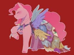 2025 alternate_universe blood blood_on_clothing bodily_fluids cannibalism closed_eyes clothed clothing colored cupcakes_(mlp_fanfic) cutie_mark digital_drawing_(artwork) digital_media_(artwork) earth_pony english_description english_text equid equine female female_feral feral friendship_is_magic fur hair handwear hasbro hi_res hooves horn horror_(theme) horse insane jewelry mammal my_little_pony necklace pink_body pink_fur pink_hair pink_tail pinkie_pie_(mlp) pony red_background shaded simple_background sinful_pie solo solo_focus tail teeth text traditional_media_(artwork) wings