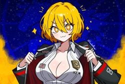 big_breasts blonde_hair breasts cleavage don_quixote_(limbus_company) female huge_breasts limbus_company lucchettinni short_hair tagme tomboy yellow_eyes