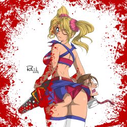 1girls ass big_ass blonde_female blonde_hair blood blue_eyes isura-eru juliet_starling lollipop_chainsaw nick_carlyle panties pink_panties skirt skirt_up thighs twintails wink