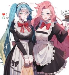 2girls :d alternate_costume artist_name blue_hair blush breasts cleavage female female_only green_hair hand_up highres holding large_breasts league_of_legends multiple_girls noodychaan pale_skin pink_hair seraphine_(league_of_legends) shiny_skin smile sona_buvelle twitter_strip_game_(meme)