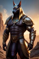 ai_generated anubis armor balls brown_body cock erect male muscular semi-naked semi-nude solo