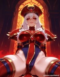 ai_generated balecxi female hat heroes_of_the_storm large_breasts leotard long_hair looking_at_viewer patreon_username pauldrons pelvic_curtain red_eyes red_headwear red_thighhighs sally_whitemane shoulder_armor sitting smile solo spread_legs white_hair world_of_warcraft