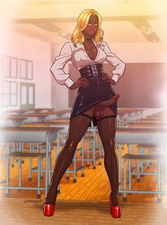 1futa anasheya blonde_hair blush breasts busty choker classroom cleavage dark-skinned_futanari dark_skin erection fishnet fishnet_stockings futa_only futanari ganguro hand_on_hip high_heels intersex large_penis lipstick long_hair looking_at_viewer penis penis_under_skirt skirt_lift solo solo_futa teacher testicles thighhighs yellow_eyes