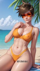 1lifepoint abs ai_generated beach big_breasts bikini busty cameltoe cleavage covered_nipples erect_nipples erect_nipples_under_clothes highres looking_at_viewer overwatch overwatch_2 skinny tracer