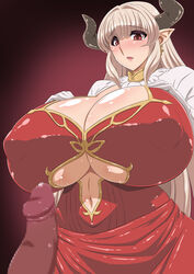 alicia_(granblue_fantasy) blush breasts censored cleavage covered_nipples curvy erect_nipples female gigantic_breasts granblue_fantasy hair horns long_hair looking_at_viewer navel penis pointy_ears red_eyes silver_hair wide_hips yukimaru_(gojo)