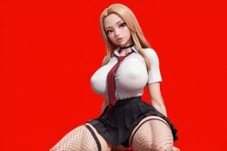 1girls 3d 3d_(artwork) absurd_res absurdres ai ai_generated big_ass big_breasts blonde_hair breasts busty button_down_shirt female fishnets hd hi_res high_resolution highres long_hair pleated_skirt radnsad sindy(oc) solo solo_female solo_focus thick_ass thick_thighs tie wallpaper