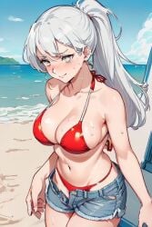 august_yuki beach big_ass big_breasts big_butt bikini blush jean_shorts jorts large_breasts ocean ponytail red_bikini red_hair_tie sand smile sweat sweating waves white_hair whxsperrai