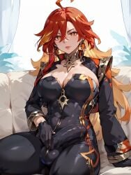 ai_generated bulge_through_clothing dickgirl futa_bulge futanari genshin_impact latex_suit mavuika_(genshin_impact) multicolored_hair red_hair