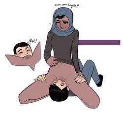 1boy 1girls arabian caption cunnilingus dark-skinned_female dark_skin facesitting female hijab jamesab light-skinned_male light_skin male oral sex straight