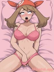 1girls 4hentai ahe_gao ai_generated bandana bed bed_sheet blue_eyes blush bra breasts brown_hair collarbone female female_masturbation fingering fingering_self head_on_pillow large_breasts lying masturbation may_(pokemon) may_(pokemon_rs) navel on_back on_bed open_mouth panties pillow pillow_grab pink_bra pink_panties pokemon pokemon_rse pussy_juice saliva solo spread_legs sweat tongue tongue_out underwear