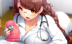 artificial_vagina braid brown_eyes brown_hair censored earrings female glasses jewelry kirin_kakeru long_hair looking_at_viewer low-tied_long_hair mole mosaic_censoring nurse open_mouth original penis single_braid solo_focus stethoscope tied_hair upper_body vehicle