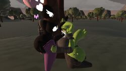 3d black_body blowjob cum_in_mouth fur futa_on_female green_fur rec_room thighhighs tree