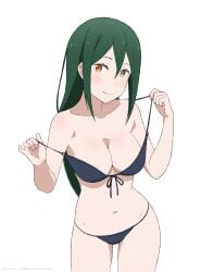 1girls bare_arms bare_belly bare_legs bare_shoulders bare_thighs belly_button big_breasts bikini black_bikini blush body_blush breasts brown_eyes cleavage closed_mouth collarbone coro_fae crusch_karsten front-tie_bikini_top green_hair long_hair navel re:zero_kara_hajimeru_isekai_seikatsu shiny_skin smile strap_pull thighs