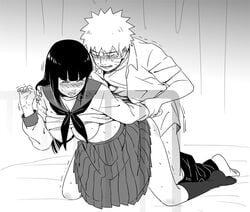 1boy 1boy1girl blush breasts breasts_out duo female hal_(sakurajam) hyuuga_hinata large_breasts long_hair male/female monochrome naruto school_uniform sex straight uzumaki_naruto