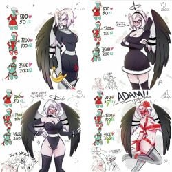 ? abel_(hazbin_hotel) adam_(hazbin_hotel) angel angel_wings armwear artist_name artist_request black_wings breasts covering_breasts excited flustered grey_body grey_skinned_female hazbin_hotel hips holding_object long_gloves long_sleeves lute_(hazbin_hotel) ncat08 removing_clothing removing_mask ribbon ribbon_bondage skirt skirt_removed strip_game stripping_game sword thick_thighs thigh_highs thighhighs tiny_waist undressing wings