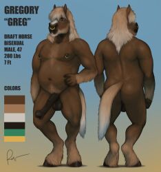 2025 anthro ass beard belly body_hair brown_body brown_fur chest_hair color_swatch draft_horse equid equine erection facial_hair facial_piercing feathering fur green_eyes grey_hair hair hi_res hooves horse male male_only mammal model_sheet navel nipple_piercing nipples nose_piercing nude piercing pubes rov septum_piercing slightly_chubby solo