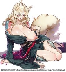 1girls animal_ears big_breasts blonde_female blonde_hair busty celyn404 cleavage curvaceous curves curvy curvy_body curvy_female curvy_figure fat_tits female female_only hair_over_one_eye huge_breasts kimono large_breasts light-skinned_female light_skin milf mostly_clothed nipples one_breast_out pink_eyes tail tattoo tattoo_on_arm tattooed_arm tattoos thick thick_thighs thighs