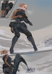 attractive back_view big_ass big_breasts blonde_female goo hunter science_fiction weapon zerogravitas