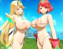 2girls abdomen blonde_hair blush core_crystal erect_nipples gloves hi_res htr18 huge_breasts long_hair looking_at_viewer micro_bikini mythra navel nude pyra red_eyes red_hair seductive seductive_smile smile teenager voluptuous xenoblade_(series) xenoblade_chronicles_2 yellow_eyes