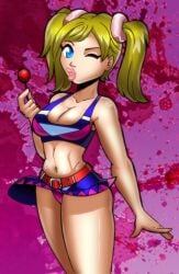 1girls blonde_female blonde_hair blue_eyes cheerleader cheerleader_uniform juliet_starling lollipop_chainsaw panties pink_lipstick pink_panties severflame skirt skirt_up solo solo_female thighs twintails wink