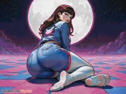 ai_generated blizzard_entertainment brown_hair d.va feet foot_fetish foot_focus from_behind gigatsu looking_back moon overwatch seductive seductive_pose socks toes vaporwave