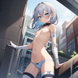 1girls bandages blue_eyes breasts building collar looking_at_viewer nipples panties silver_hair