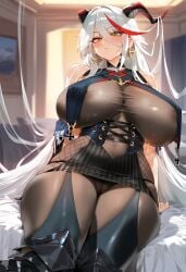 1girls aegir_(azur_lane) ai_generated azur_lane big_breasts breasts female female_focus female_only hard_nipples horns huge_breasts large_breasts long_hair looking_at_viewer nipples nipples_visible_through_clothing thick_thighs thighs white_hair yellow_eyes