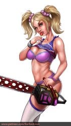 1girls barbachossa big_breasts blonde_female blonde_hair bra breasts chainsaw green_eyes juliet_starling lollipop lollipop_chainsaw lollipop_in_mouth panties pink_bra pink_panties solo solo_female twintails