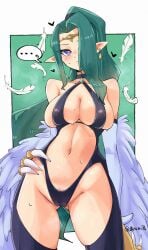 blush circlet duel_monster ear_ring elf_ears elipses feathers female harpie_queen harpy large_breasts plum_nametake ponytail purple_eyes sweaty_breasts teal_hair vagina_visible_through_clothing winged_arms yu-gi-oh!