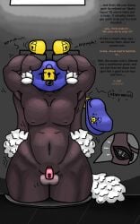 aged_up bondage bondage_gloves bondage_hood buttplug chastity_cage dialogue femboy furry klonoa large_buttplug manygeesen muscular shaded stomach_bulge struggling
