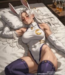 abs ai_generated alcohol animal_ears bangs bare_shoulders bed bed_sheet black_legwear black_leotard blush boku_no_hero_academia bottle breasts bunny_ears bunny_girl closed_eyes closed_mouth clothing covered_navel crescent_print cup dark-skinned_female dark_skin drinking_glass ear_piercing earrings elbow_gloves female female female_only gloves highleg highleg_leotard indoors jewelry jousneystudio large_breasts legwear leotard long_eyelashes long_hair looking_at_viewer lying mirko miruko muscular_female my_hero_academia navel on_back on_bed parted_bangs patreon_username piercing pillow rumi_usagiyama sleeping sleeveless_turtleneck_leotard solo tail thick_thighs thighhighs thighs turtleneck_leotard usagiyama_rumi username very_long_hair white_gloves white_hair white_leotard