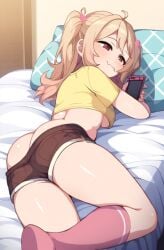 ai_generated ass_cleavage blonde_hair crush_crush lazy mio mio_(crush_crush) pink_stockings sleepy tired underboob