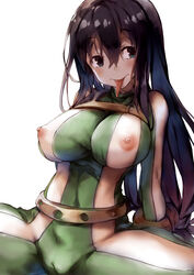 1girls :p absurdres black_hair blue_eyes blush bodysuit bracelet breasts cameltoe female female_only head_tilt jewelry large_breasts long_hair long_tongue looking_at_viewer my_hero_academia nippleless_clothes nipples redcomet simple_background sitting smile solo spread_legs straight_hair tongue tongue_out tsuyu_asui very_long_hair white_background