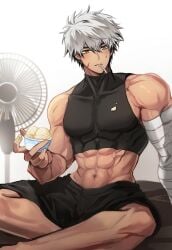 1boy abs bandage bara elsword ice_cream male_only muscular raven_(elsword) scars solo_male spoon_in_mouth sweat_drop white_hair yellow_eyes