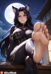 1girls ai_generated aliusnext animal_ears black_hair bodysuit crazy crazy_eyes delta_(the_eminence_in_shadow) facial_markings feet feet_focus female femdom foot_fetish foot_focus from_below high_quality high_resolution highres huge_ass huge_breasts patreon purple_eyes sole_female soles sweaty_feet tagme the_eminence_in_shadow yandere