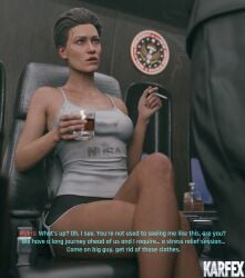 1boy 1girls 3d alcohol cyberpunk cyberpunk_2077 elderly_female fat_man karfex rosalind_myers shorts sitting ugly_bastard