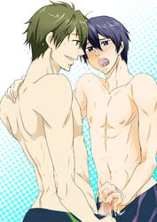 2boys abs blush censored cum erection free! frottage handjob male_only mosaic_censoring muscle nanase_haruka_(free!) pecs penis smile sweat tachibana_makoto tagme topless wince yaoi