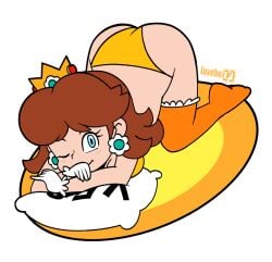 artist_logo artist_name ass bare_arms bikini blue_eyes bra breasts brown_hair cleavage closed_mouth crossed_arms crown earrings eyelashes female flipped_hair flower_earrings full_body gloves highres jewelry logo looking_at_viewer loveboxf mario_(series) medium_hair nintendo on_pillow one_eye_closed orange_bra orange_panties orange_thighhighs panties pillow princess_daisy simple_background smile solo super_mario_land swimsuit thighhighs top-down_bottom-up underwear white_background white_gloves yes yes-no_pillow