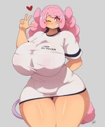 hachisoda huge_breasts mrsakai pink_eyes pink_hair poodle puni_(hachisoda) ryousakai tugging_clothing white_shirt